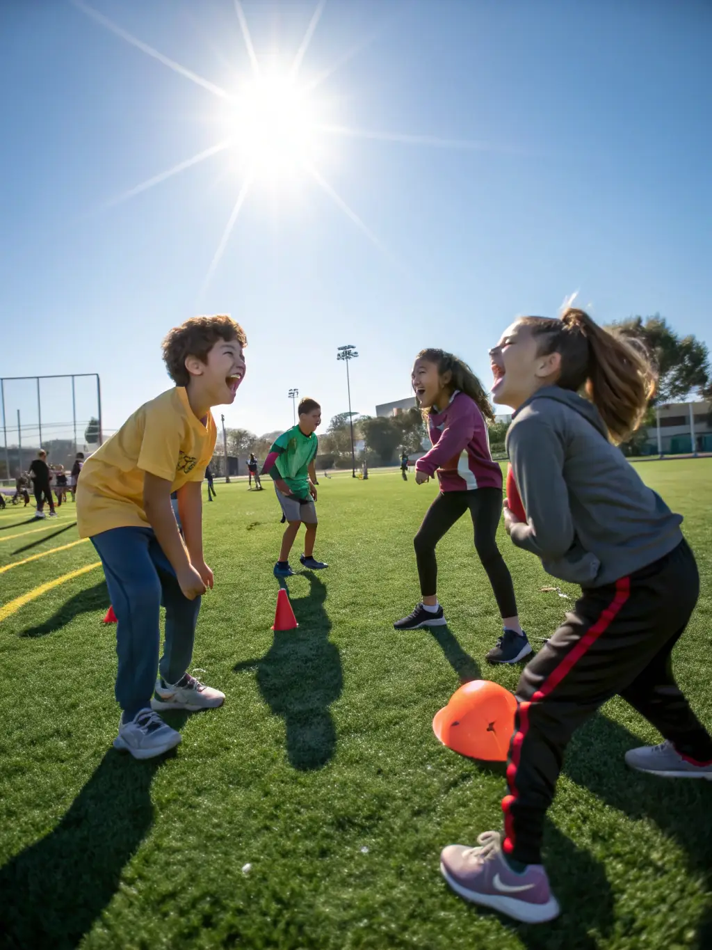 A photo of a diverse group of children engaged in a physical education class, demonstrating inclusivity and the promotion of overall well-being.