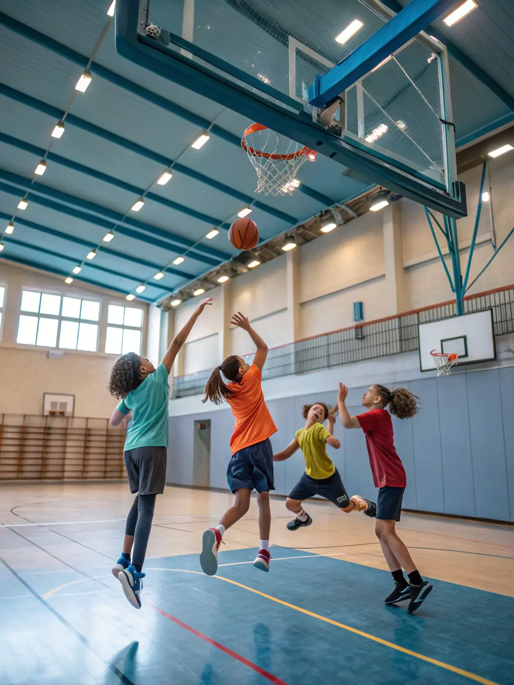 A group of teenagers playing basketball in an indoor gymnasium, emphasizing agility, coordination, and competitive spirit.