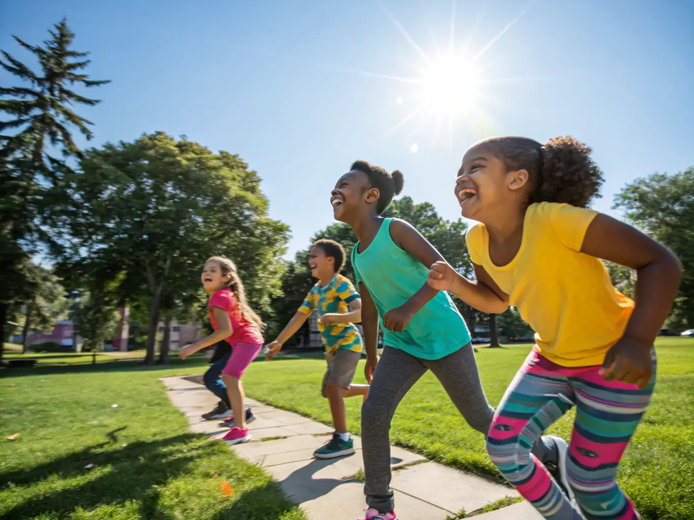 A cheerful image of children participating in a sports camp, emphasizing fun, active learning, and the development of social skills.