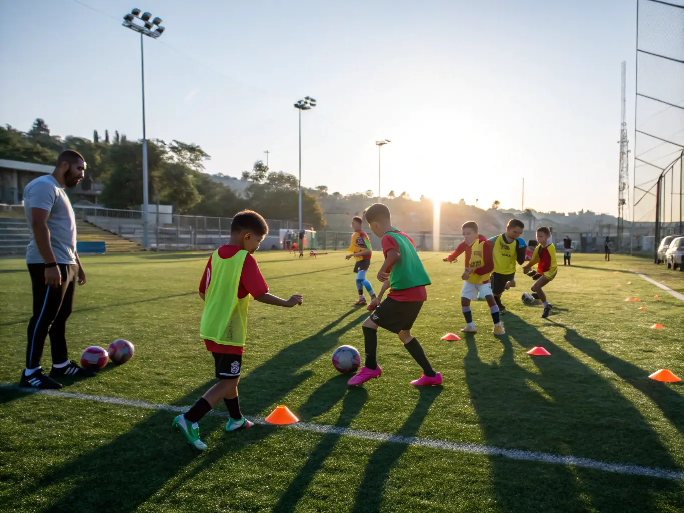 A dynamic image of young athletes participating in a football training session, showcasing teamwork and skill development under the guidance of a coach.