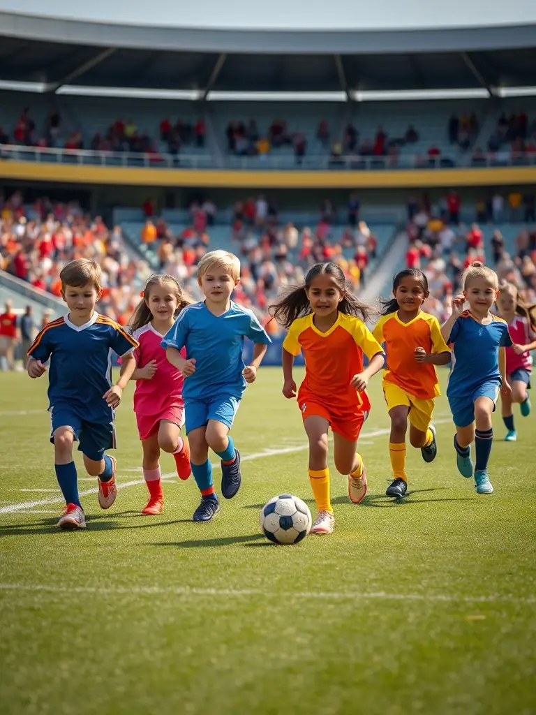 A vibrant image of young children participating in a football training session, showcasing teamwork and active engagement, set against a sunny, green field.