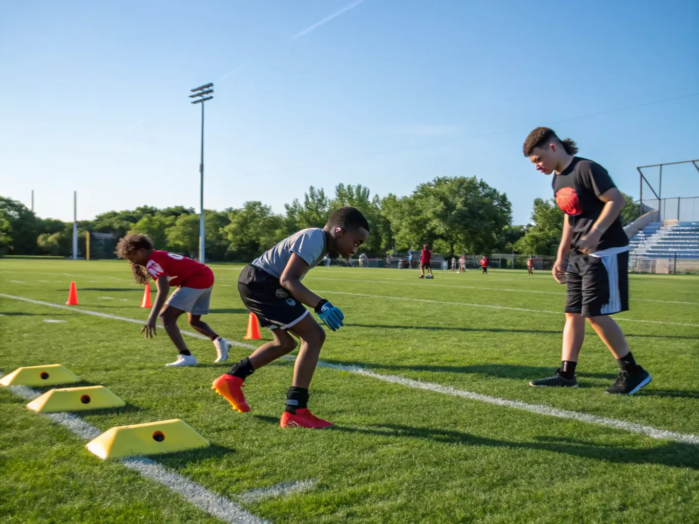 A vibrant image of young athletes participating in a football training session, showcasing teamwork and skill development under the guidance of a coach at ASSOCIATION SPORTIVE DE ST JUST.
