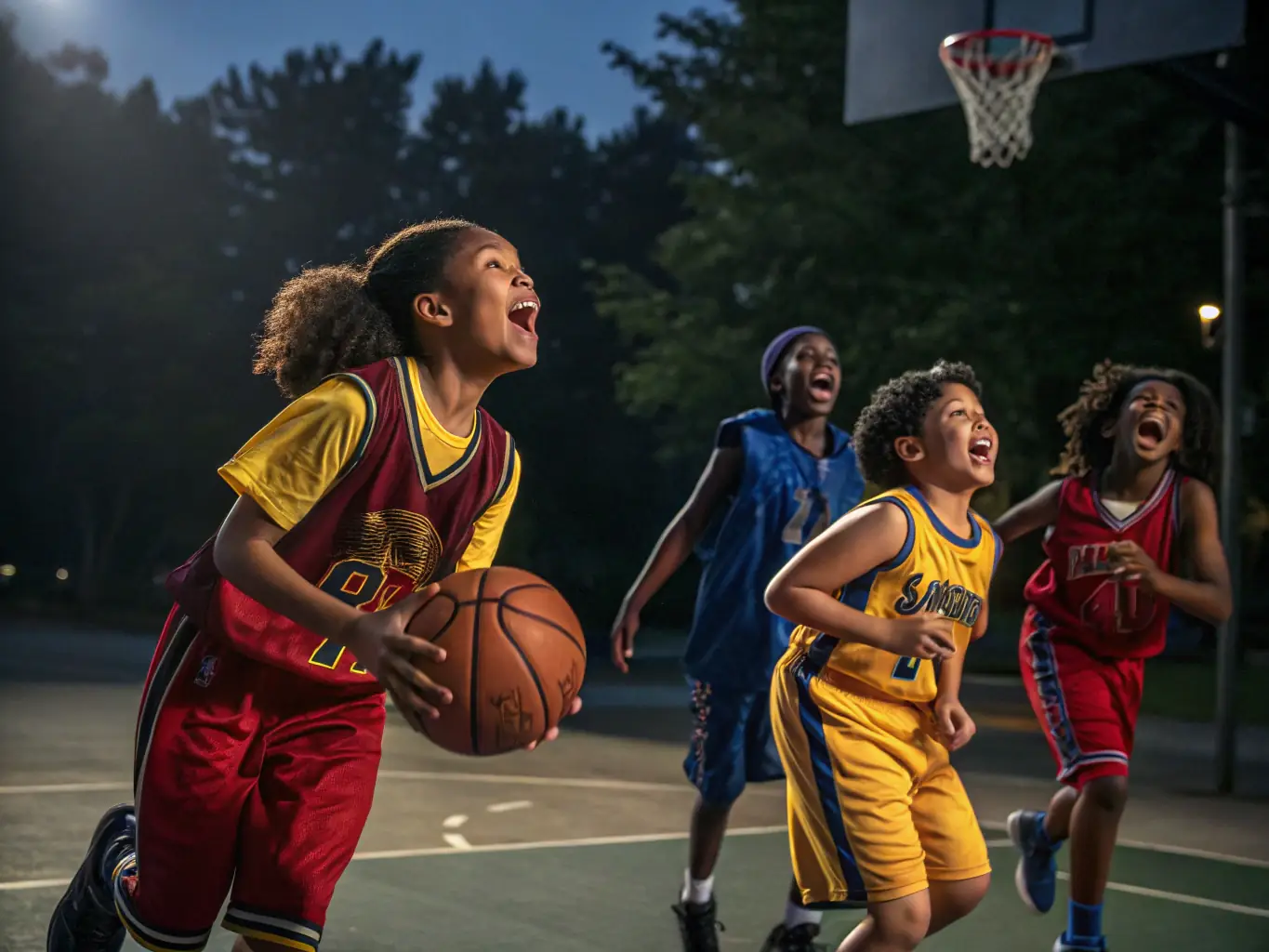 An action shot of children playing basketball, emphasizing the fun and fitness aspects of the program offered by ASSOCIATION SPORTIVE DE ST JUST.